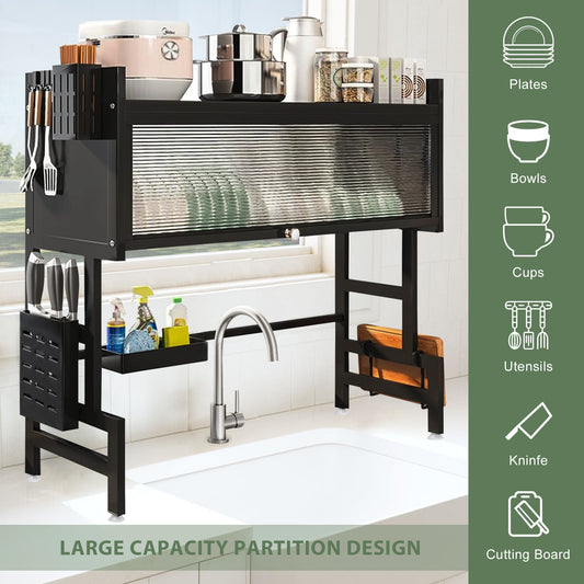 Over The Sink Dish Drying Rack, Large Capacity Dish Rack with Cover, Expandable Length & Height, Adjustable Metal Dish Drainer for Kitchen Counter, Space Saving