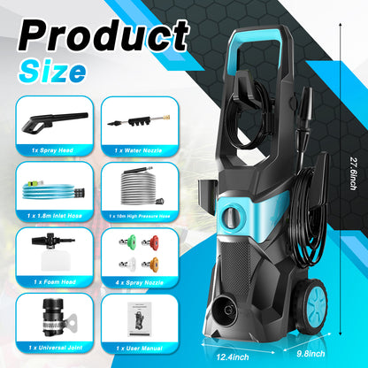 Electric Pressure Washer, 4000PSI Max 2.4 GPM Power Washer with 32 ft Hose, 4 Quick Connect Nozzles, Foam Cannon, Suitable for Clean Cars, Patios, Driveways, Fences, Pool