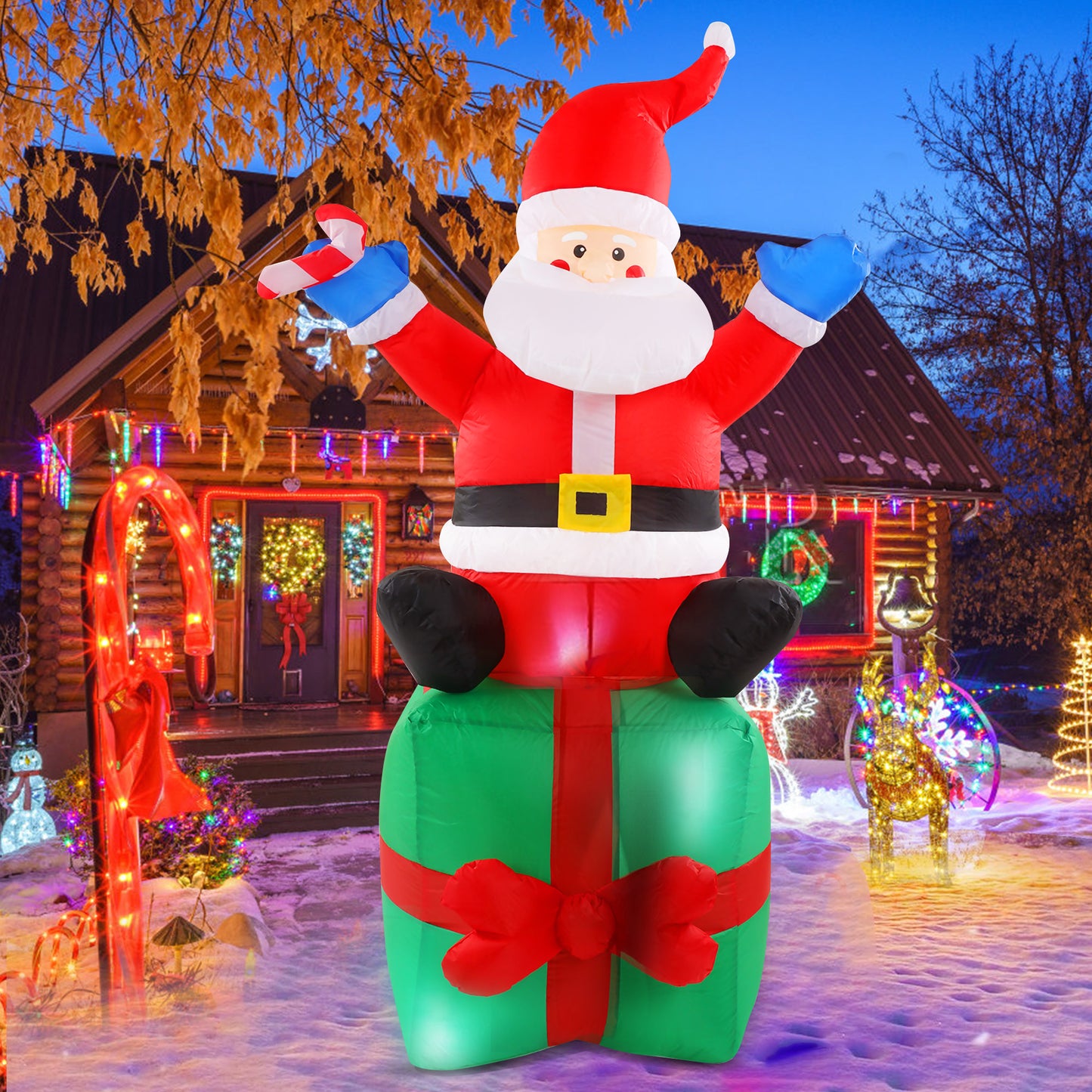 6ft Christmas Inflatable Santa LED Lighted Outdoor Decoration Santa with Stick Sitting On Gift Box