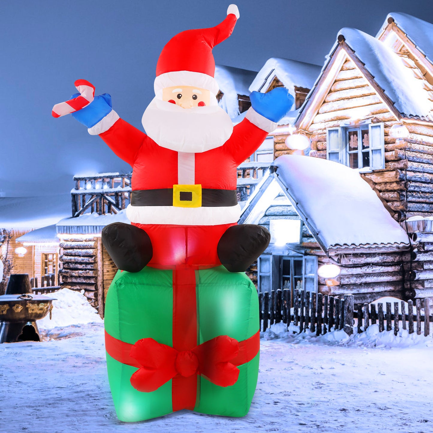 6ft Christmas Inflatable Santa LED Lighted Outdoor Decoration Santa with Stick Sitting On Gift Box