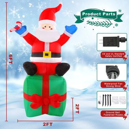 6ft Christmas Inflatable Santa LED Lighted Outdoor Decoration Santa with Stick Sitting On Gift Box