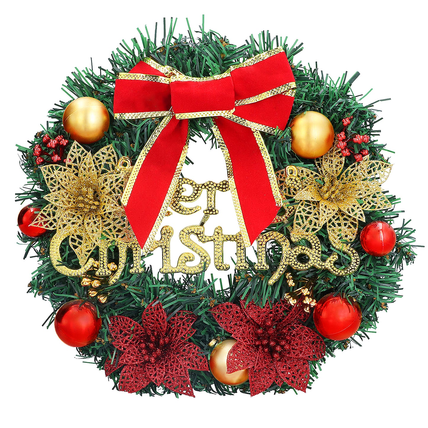 Christmas Wreath Reef for Front Door Outside,12inch Artificial Xmas Garland with Bowknot,Poinsettia Flowers,Bells,Xmas Pinecones Decor for Wall Home Ornaments Store Window