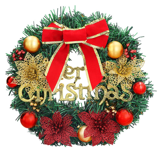 Christmas Wreath Reef for Front Door Outside,12inch Artificial Xmas Garland with Bowknot,Poinsettia Flowers,Bells,Xmas Pinecones Decor for Wall Home Ornaments Store Window