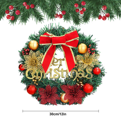 Christmas Wreath Reef for Front Door Outside,12inch Artificial Xmas Garland with Bowknot,Poinsettia Flowers,Bells,Xmas Pinecones Decor for Wall Home Ornaments Store Window