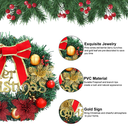 Christmas Wreath Reef for Front Door Outside,12inch Artificial Xmas Garland with Bowknot,Poinsettia Flowers,Bells,Xmas Pinecones Decor for Wall Home Ornaments Store Window