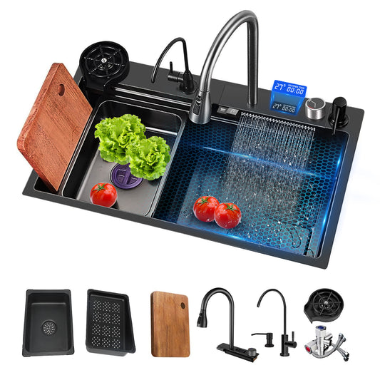 Waterfall Kitchen Sink, 31.5" Single Bowl Drop In Kitchen Sink with Pull-Out Faucet, Thickened Stainless Steel Digital Display Kitchen Sink