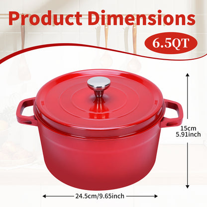 5.5 QT Enameled Cast Iron Dutch Oven Pot with Lid, Dual Handles, Non-Stick Coating for Bread Baking & Cooking, Red