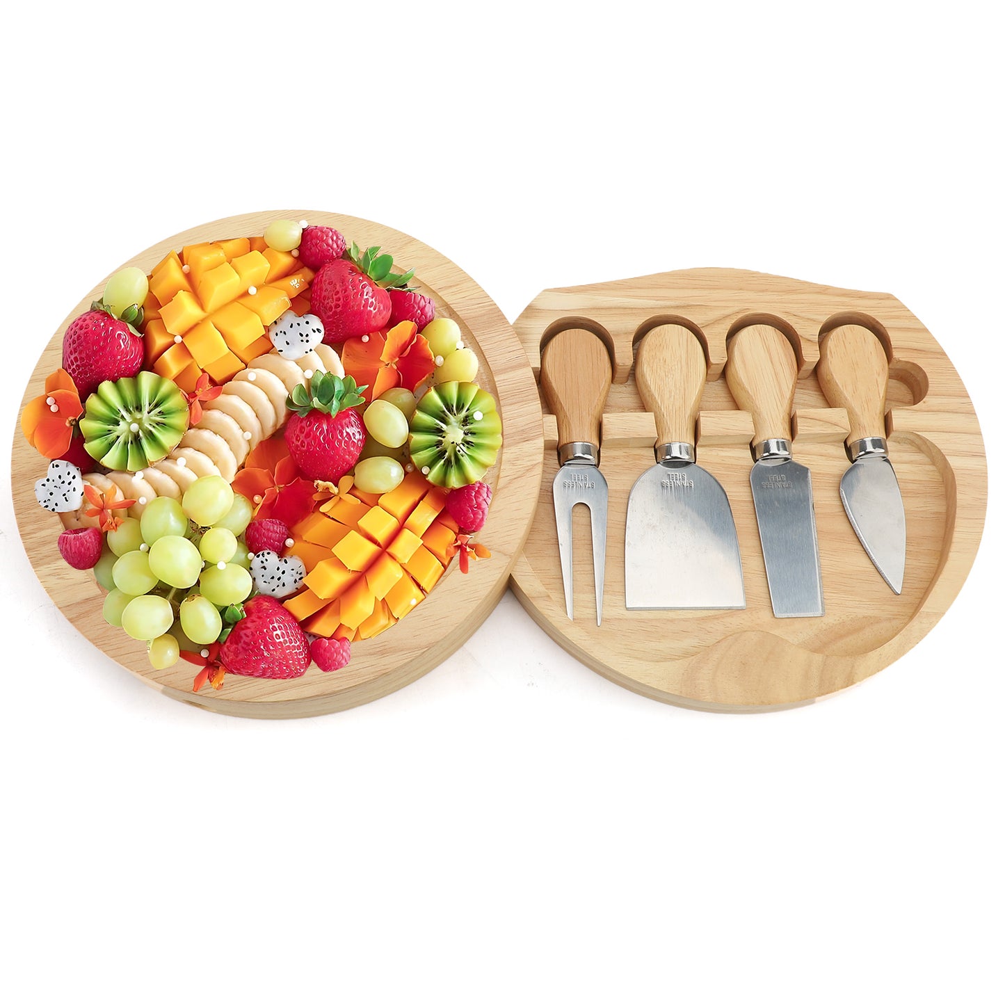Bamboo Cheese Board with Knife Set – Round Charcuterie Board, Serving Tray