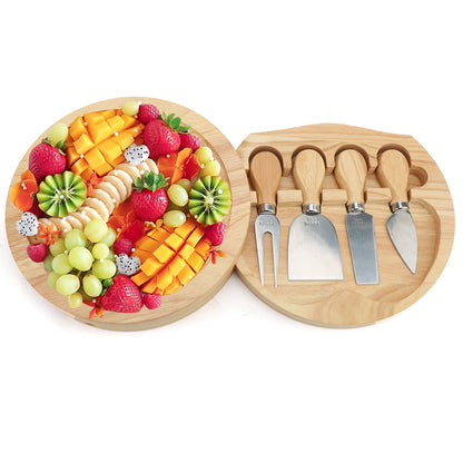 Bamboo Cheese Board with Knife Set – Round Charcuterie Board, Serving Tray, Platter, Wood Cheese Board Set – for House Warming Gifts New Home