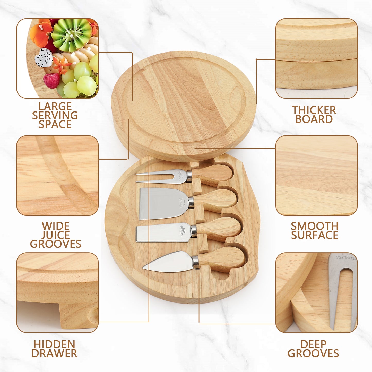Bamboo Cheese Board with Knife Set – Round Charcuterie Board, Serving Tray