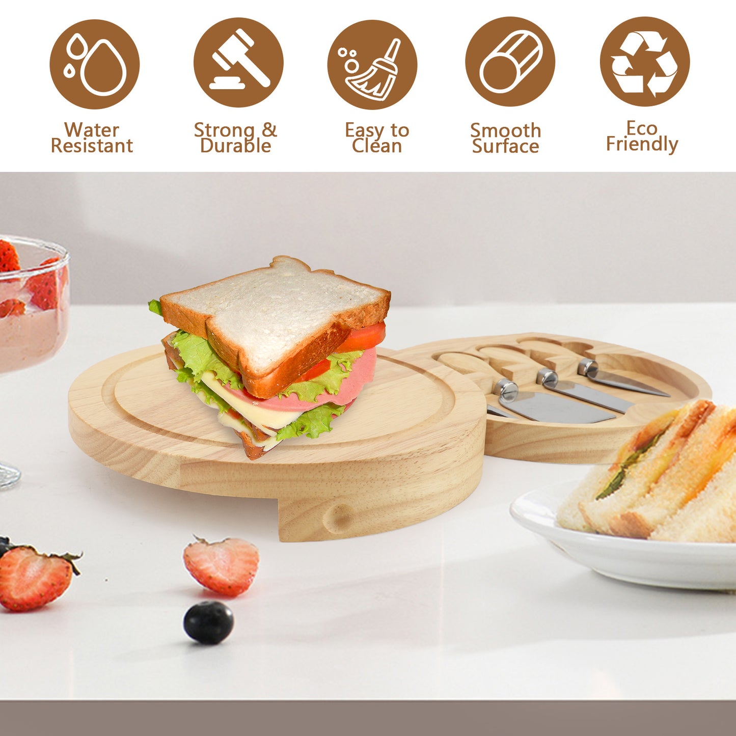 Bamboo Cheese Board with Knife Set – Round Charcuterie Board, Serving Tray, Platter, Wood Cheese Board Set – for House Warming Gifts New Home