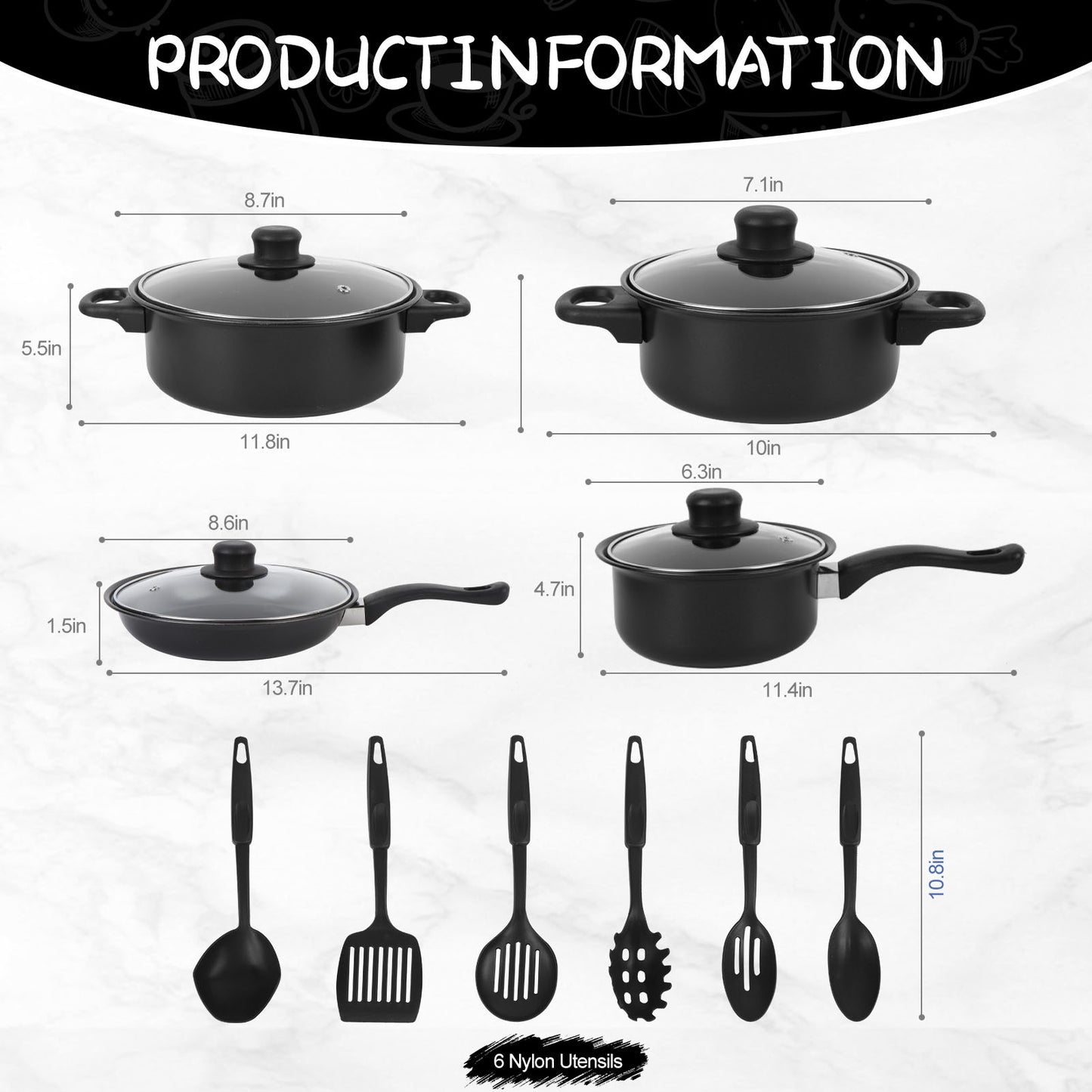 13 Piece Cookware Set, Kitchen Nonstick Pots And Pans Set With Glass Lid For Cooking, Induction & Dishwasher