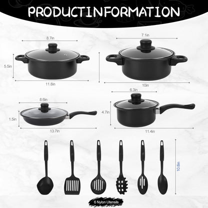 13 Piece Cookware Set, Kitchen Nonstick Pots And Pans Set With Glass Lid For Cooking, Induction & Dishwasher