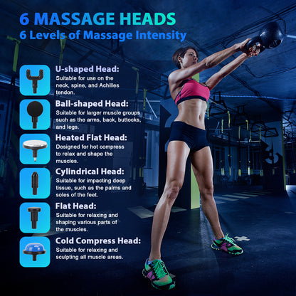 Massage Gun with Heat and Cool, Neck and Back Percussion Massage Deep Tissue Massager with 6 Heads, Soreness Relief for Adults, Athletes