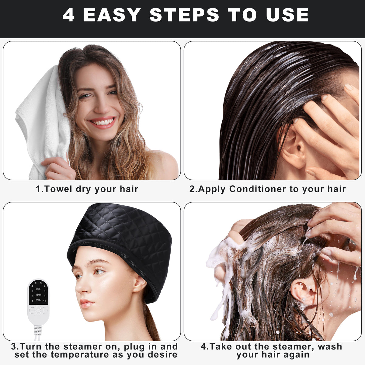 Hair Heat Cap for Deep Conditioning, Hair Steamer Cap for Natural Hair 10 Level Temp & 3 Time Setting Portable Electric Heat Hair Spa Cap for Home