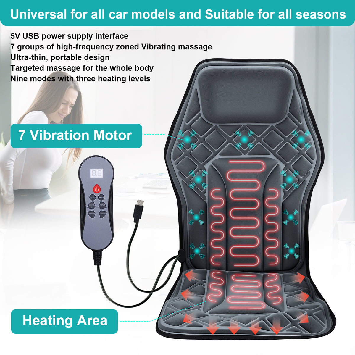Seat Massage Cushion Back Massager with Heat Deep Kneading 9 Vibration Mode Chair Massager for Home Office Car Travel