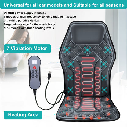 Seat Massage Cushion Back Massager with Heat Deep Kneading 9 Vibration Mode Chair Massager for Home Office Car Travel