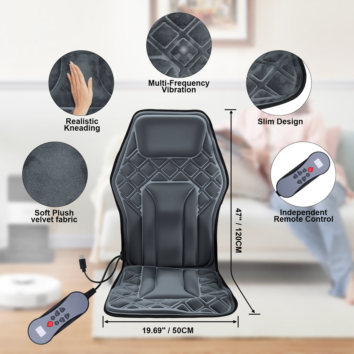 Seat Massage Cushion Back Massager with Heat Deep Kneading 9 Vibration Mode Chair Massager for Home Office Car Travel