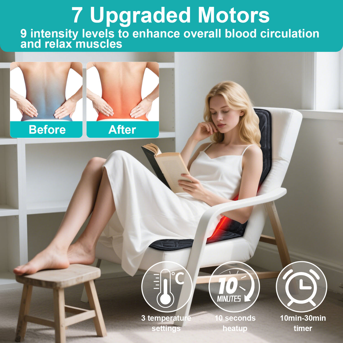 Seat Massage Cushion Back Massager with Heat Deep Kneading 9 Vibration Mode Chair Massager for Home Office Car Travel