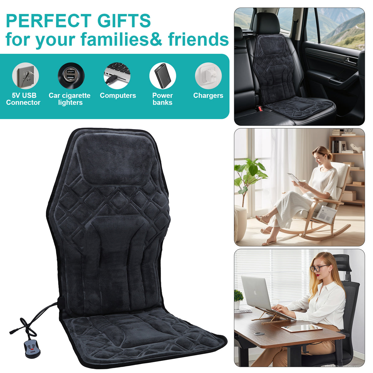 Seat Massage Cushion Back Massager with Heat Deep Kneading 9 Vibration Mode Chair Massager for Home Office Car Travel