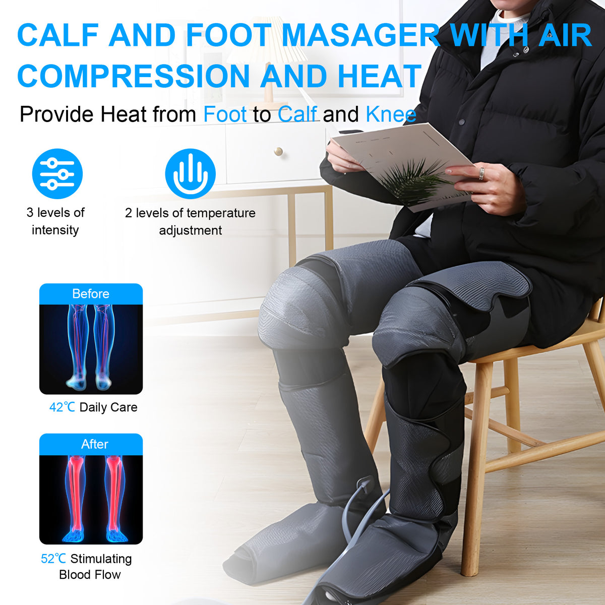Leg Massager with Heat & Air Compression, Full Leg & Foot Massage for Swelling, Circulation, Muscle Relief, Adjustable Size, Gift for Women & Men