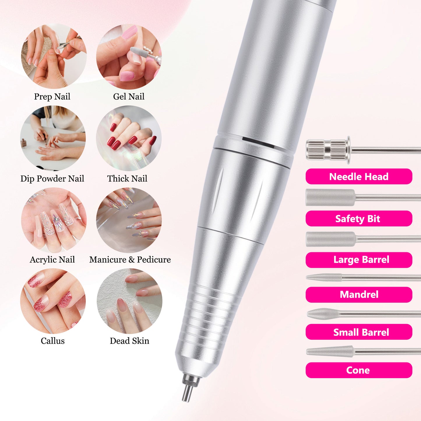 45000RPM Cordless Electric Nail Drill File for Acrylic Gel Nails Polishing Removing, Portable Efile with Drill Bits Kit for All Nail Care, Manicure Polishing, Shaping Gel Removal at Home Salon