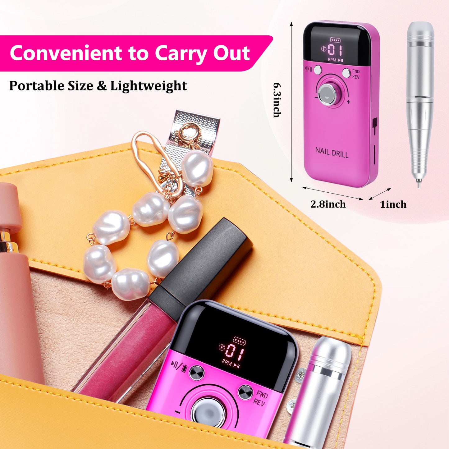 45000RPM Cordless Electric Nail Drill File for Acrylic Gel Nails Polishing Removing, Portable Efile with Drill Bits Kit for All Nail Care, Manicure Polishing, Shaping Gel Removal at Home Salon