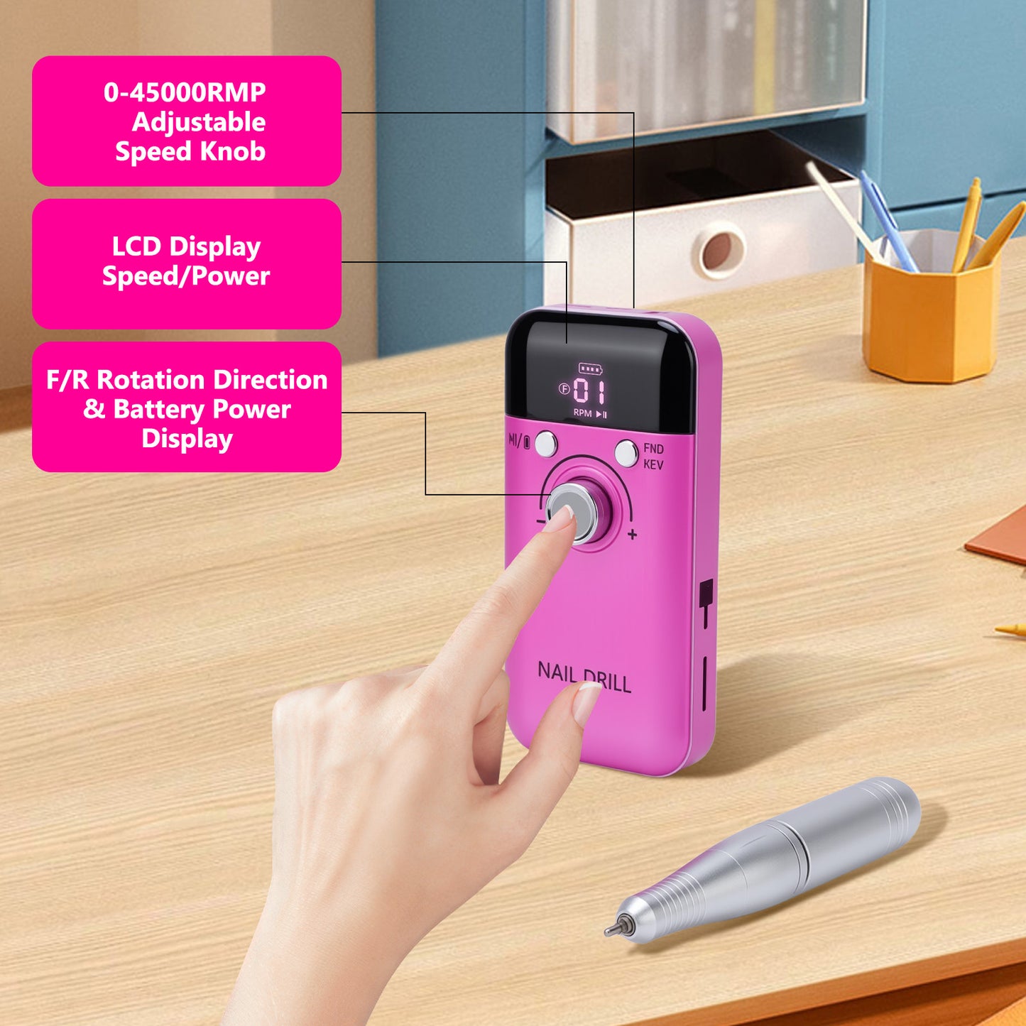 45000RPM Cordless Electric Nail Drill File for Acrylic Gel Nails Polishing Removing, Portable Efile with Drill Bits Kit for All Nail Care, Manicure Polishing, Shaping Gel Removal at Home Salon