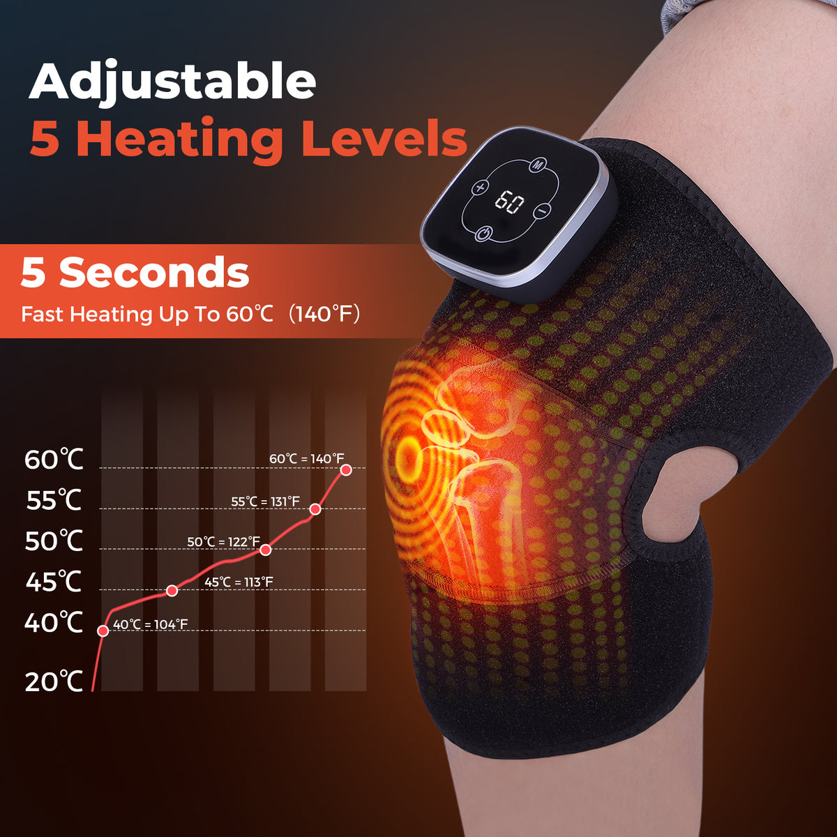Cordless Heated Knee Brace Vibration Rechargeable Heated Knee Massager for Knee Elbow Shoulder, 5 Heating Levels, 3 Massage Modes, Black