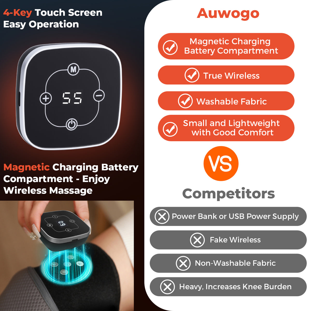 Cordless Heated Knee Brace Vibration Rechargeable Heated Knee Massager for Knee Elbow Shoulder, 5 Heating Levels, 3 Massage Modes, Black