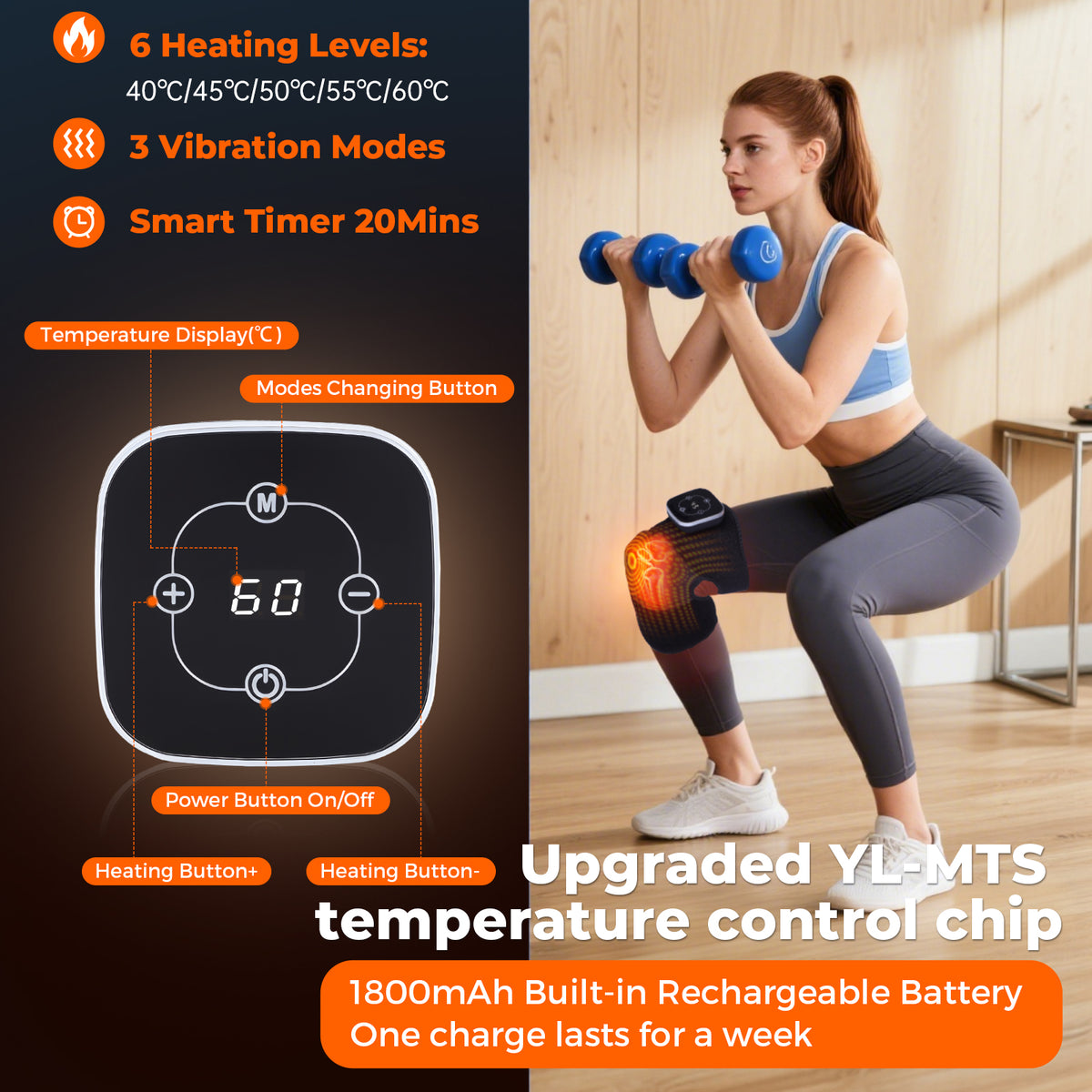 Cordless Heated Knee Brace Vibration Rechargeable Heated Knee Massager for Knee Elbow Shoulder, 5 Heating Levels, 3 Massage Modes, Black