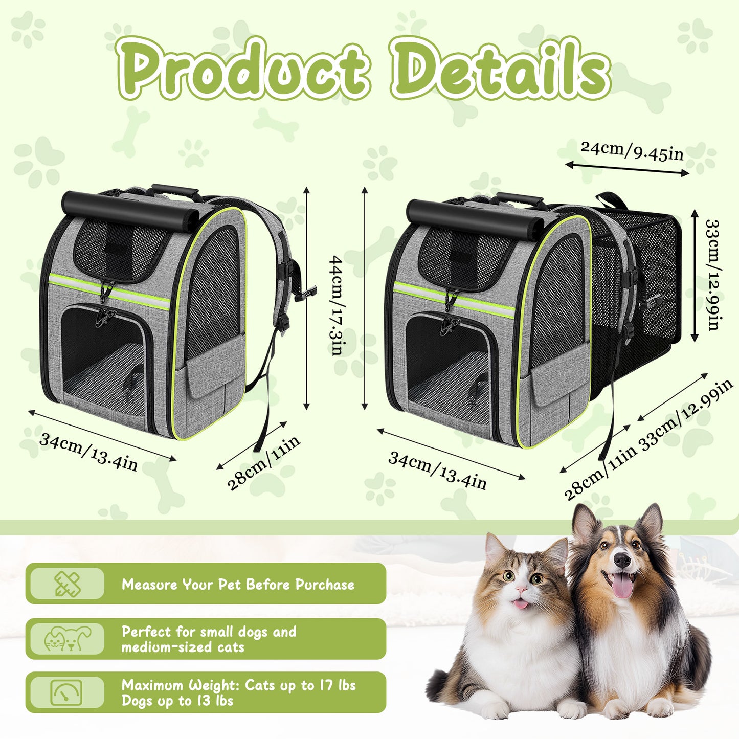 Pet Backpack, Expandable Travel Carrier for Medium Cats and Small Dogs up to 17 lbs, Breathable Collapsible Bag for Hiking Travel Outdoor