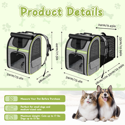 Pet Backpack, Expandable Travel Carrier for Medium Cats and Small Dogs up to 17 lbs, Breathable Collapsible Bag for Hiking Travel Outdoor