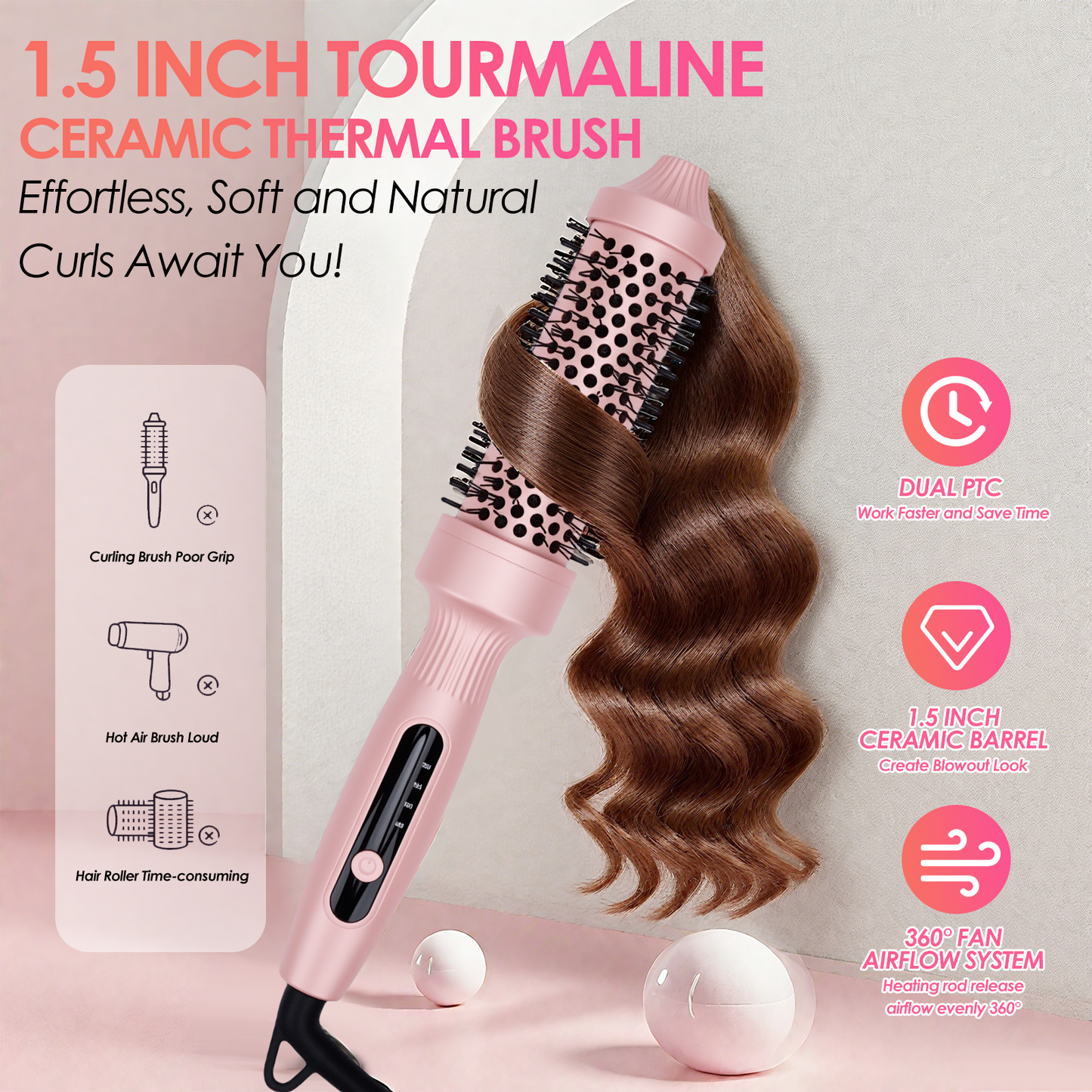 Thermal Brush Curling Brush 1.5inch, Hair Straightener and Curler 2 in 1 Heated Round Curling Iron Brush, 4 Temp