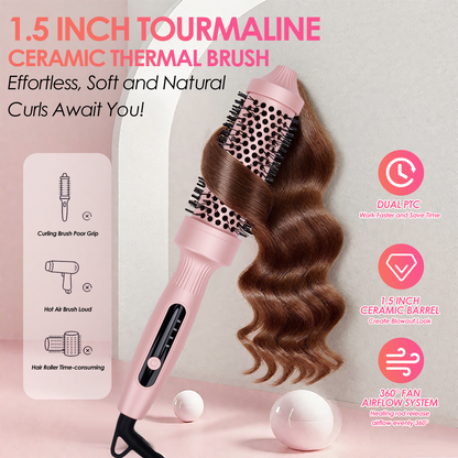 Thermal Brush Curling Brush 1.5inch, Hair Straightener and Curler 2 in 1 Heated Round Curling Iron Brush, 4 Temp