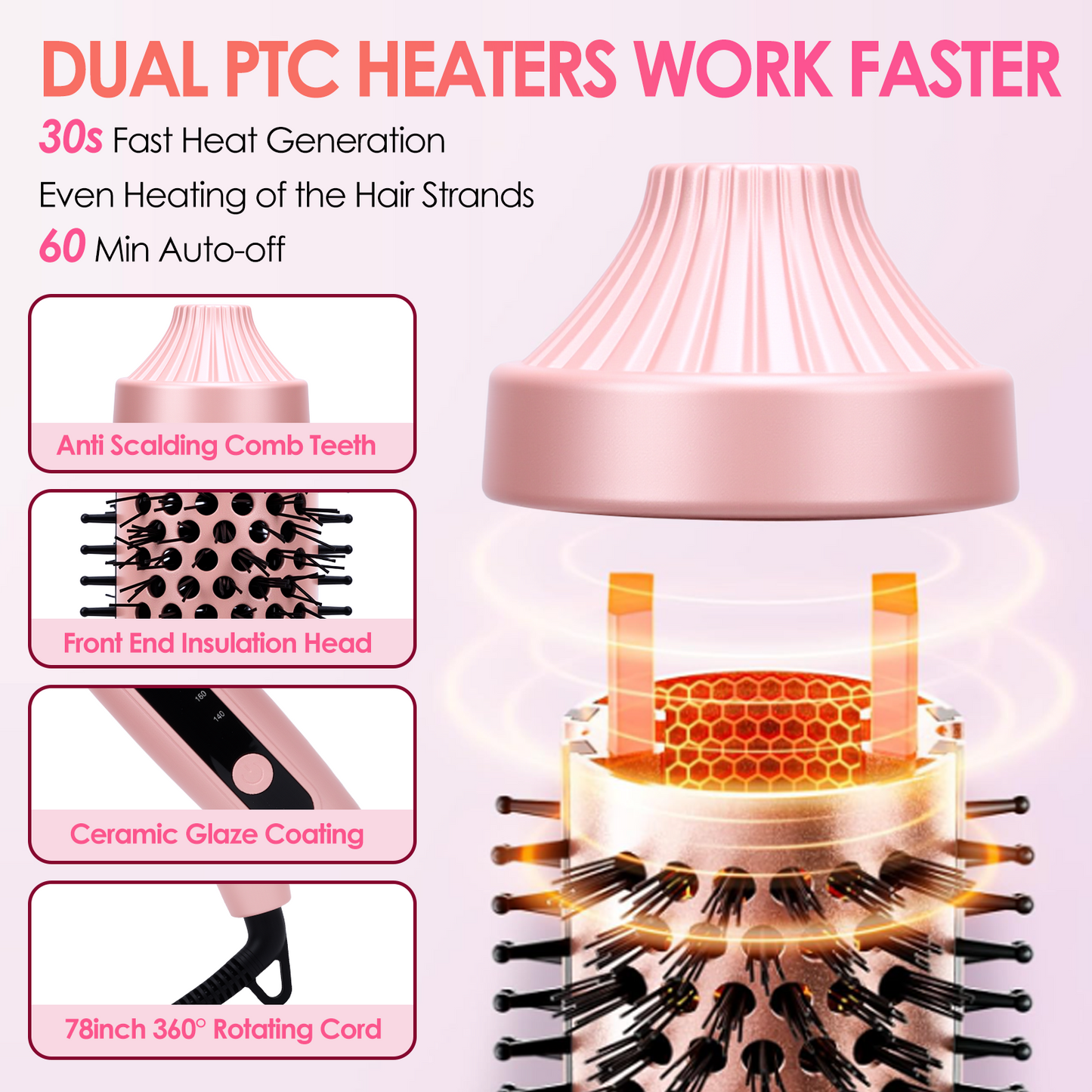 Thermal Brush Curling Brush 1.5inch, Hair Straightener and Curler 2 in 1 Heated Round Curling Iron Brush, 4 Temp