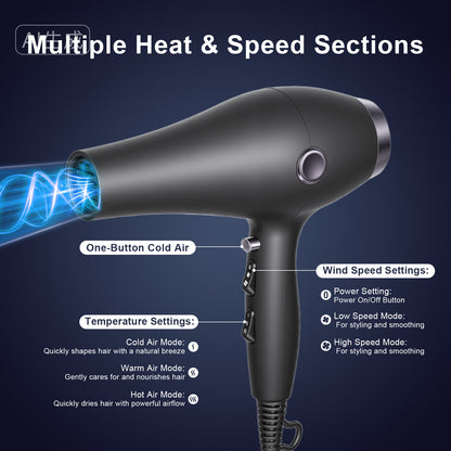 1800W High Power Hair Dryer with Diffuser & Concentrator, Adjustable Heat & Speed, Low Noise Blow Dryer for Home & Salon