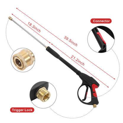 4000 PSI Pressure Washer gun with 18" Wand, M22-14mm Hose Fitting, 1/4” Quick Connect, 5 Spray Nozzles, Safety Trigger, 8.2m Hose for Most Power Washers