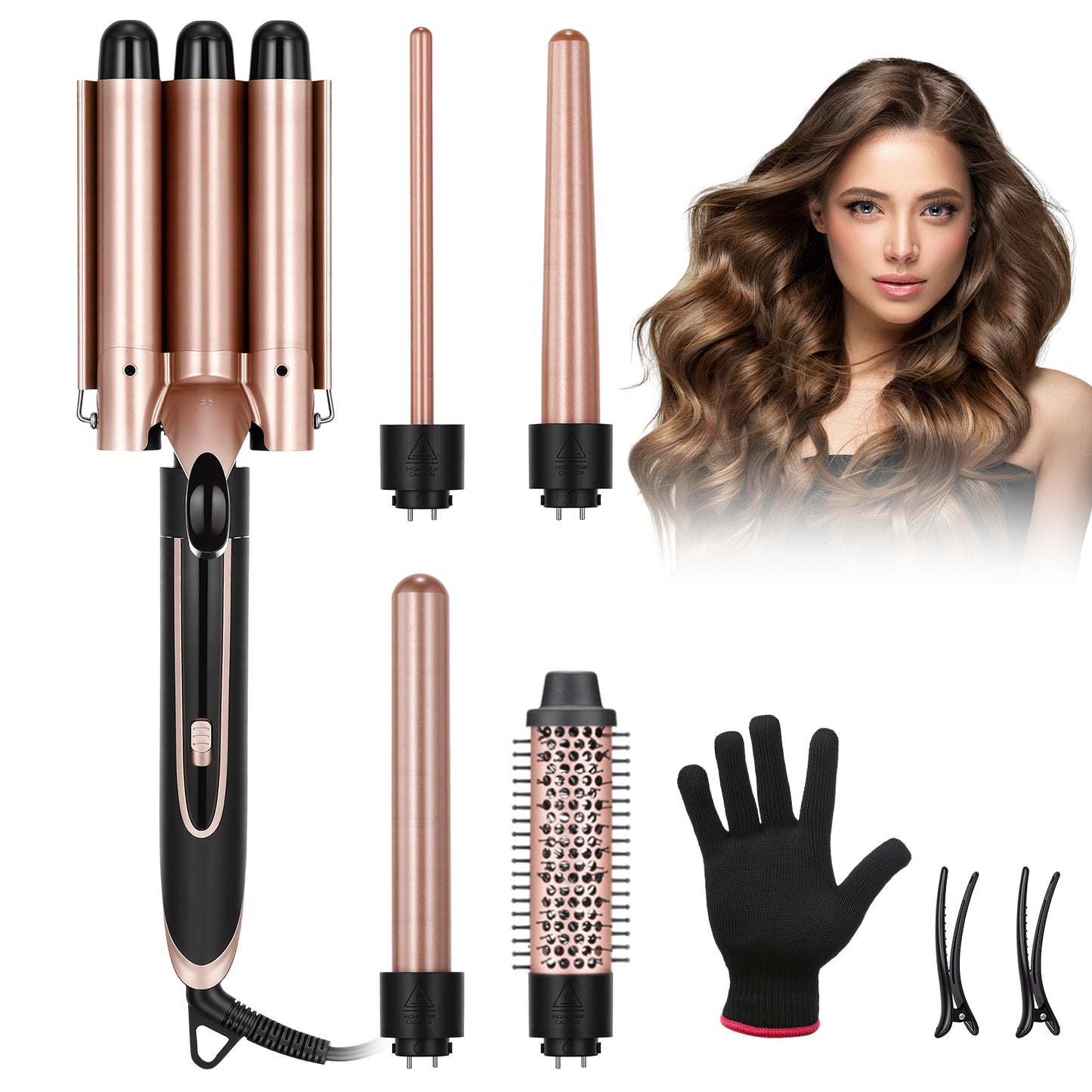 5 in 1 Curling Iron Wand LED Display Hair Wand Curler Set with 3 Barrel Hair Crimper for All Hair Type, Waver Curling Wand for Women, Rose Gold