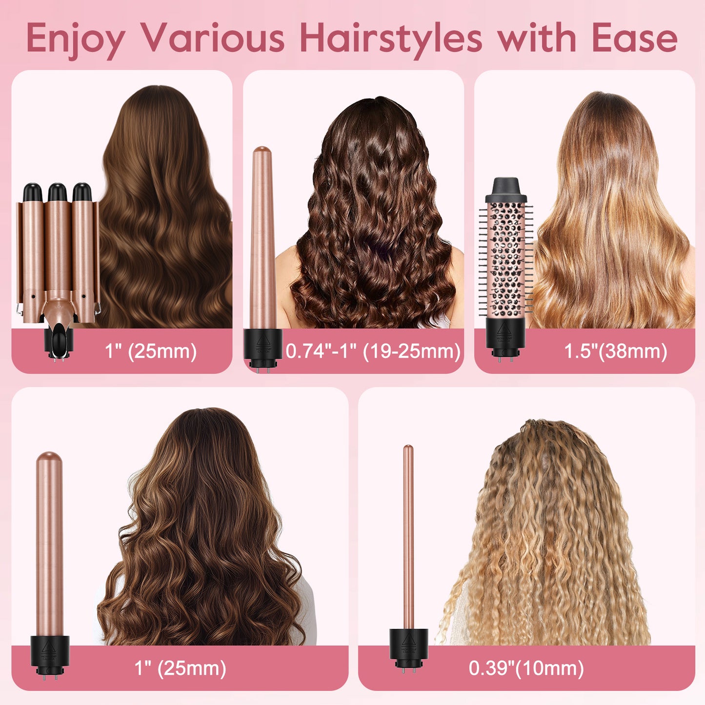 5 in 1 Curling Iron Wand LED Display Hair Wand Curler Set with 3 Barrel Hair Crimper for All Hair Type, Waver Curling Wand for Women, Rose Gold