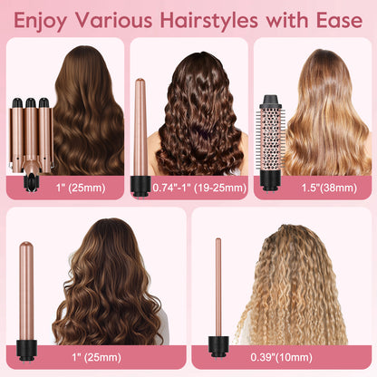 5 in 1 Curling Iron Wand LED Display Hair Wand Curler Set with 3 Barrel Hair Crimper for All Hair Type, Waver Curling Wand for Women, Rose Gold