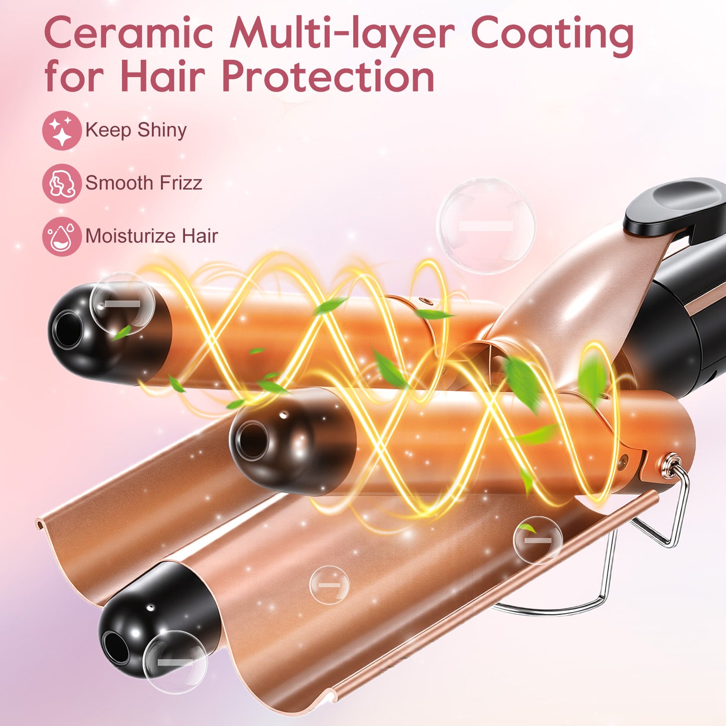5 in 1 Curling Iron Wand LED Display Hair Wand Curler Set with 3 Barrel Hair Crimper for All Hair Type, Waver Curling Wand for Women, Rose Gold