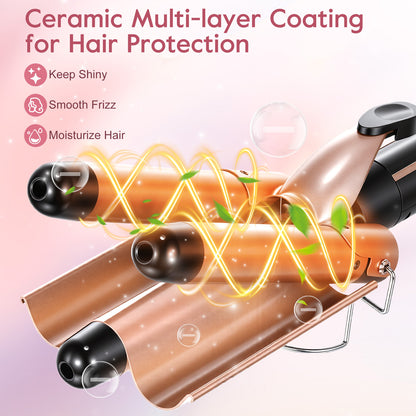5 in 1 Curling Iron Wand LED Display Hair Wand Curler Set with 3 Barrel Hair Crimper for All Hair Type, Waver Curling Wand for Women, Rose Gold