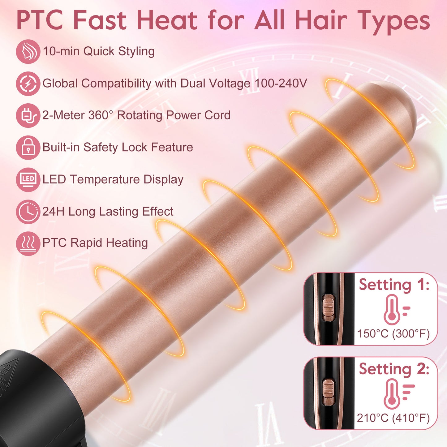 5 in 1 Curling Iron Wand LED Display Hair Wand Curler Set with 3 Barrel Hair Crimper for All Hair Type, Waver Curling Wand for Women, Rose Gold