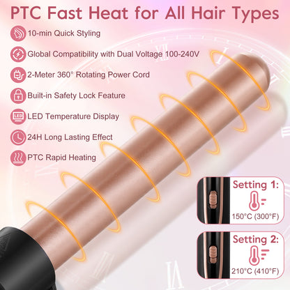 5 in 1 Curling Iron Wand LED Display Hair Wand Curler Set with 3 Barrel Hair Crimper for All Hair Type, Waver Curling Wand for Women, Rose Gold