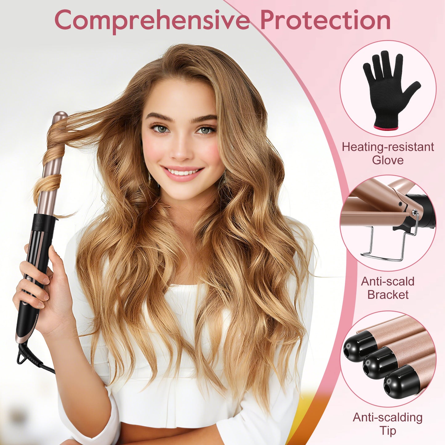 5 in 1 Curling Iron Wand LED Display Hair Wand Curler Set with 3 Barrel Hair Crimper for All Hair Type, Waver Curling Wand for Women, Rose Gold