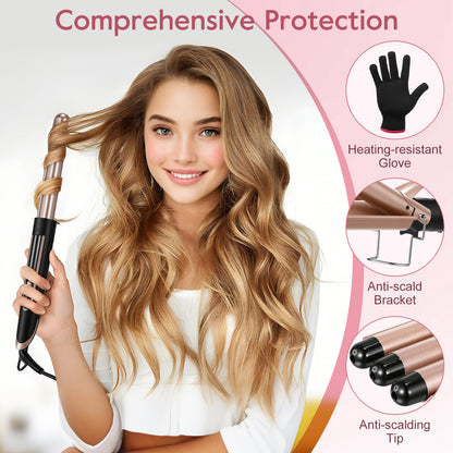 5 in 1 Curling Iron Wand LED Display Hair Wand Curler Set with 3 Barrel Hair Crimper for All Hair Type, Waver Curling Wand for Women, Rose Gold