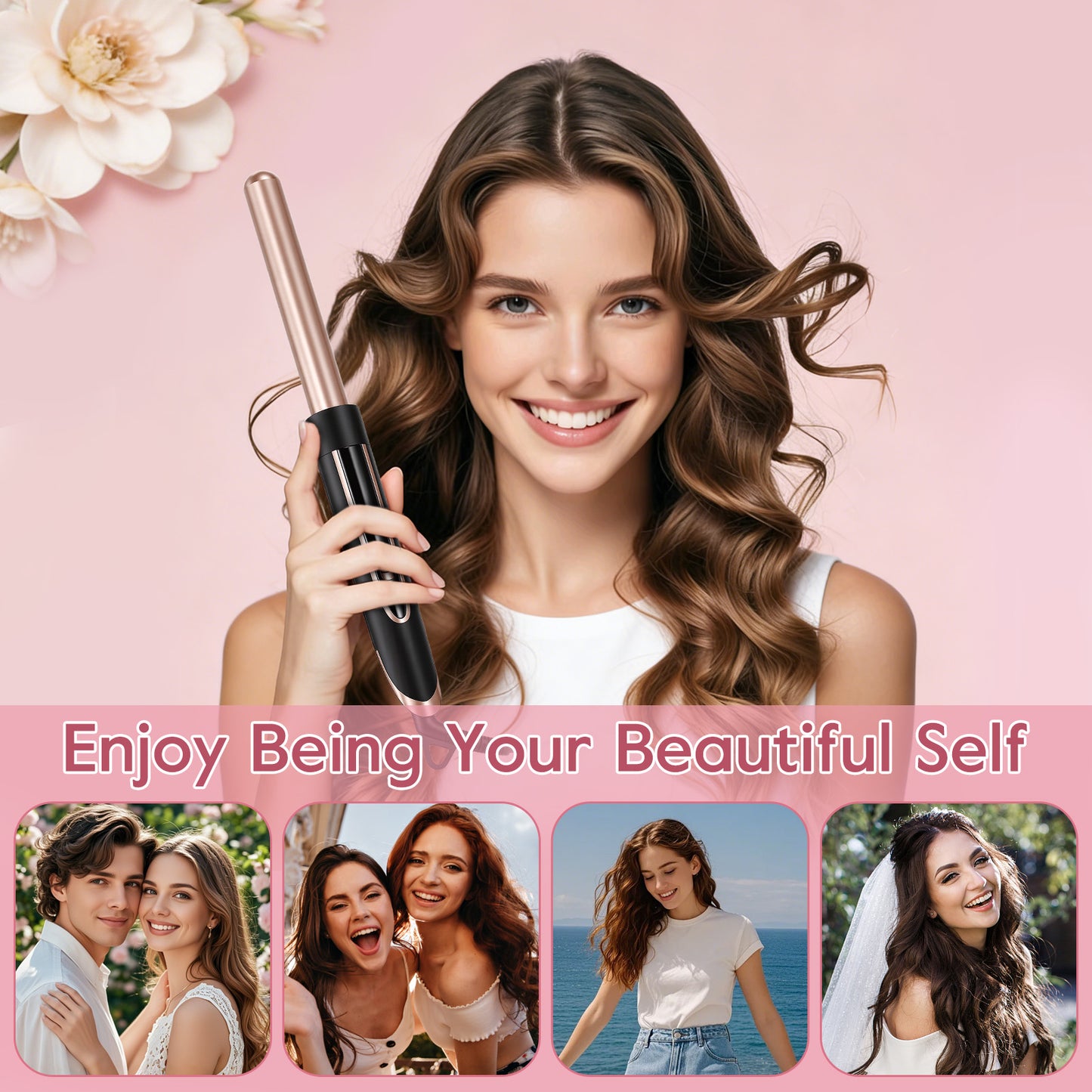 5 in 1 Curling Iron Wand LED Display Hair Wand Curler Set with 3 Barrel Hair Crimper for All Hair Type, Waver Curling Wand for Women, Rose Gold