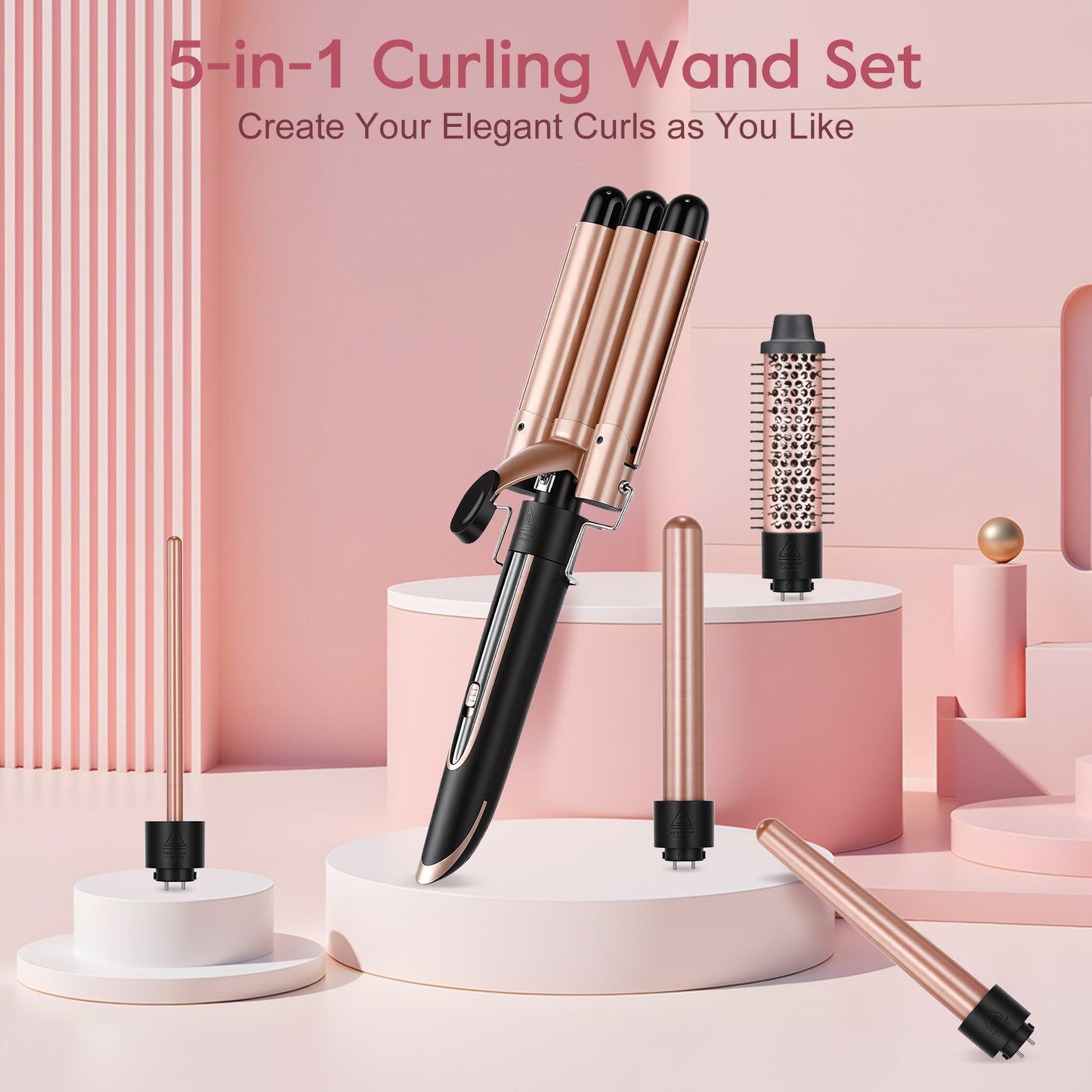 5 in 1 Curling Iron Wand LED Display Hair Wand Curler Set with 3 Barrel Hair Crimper for All Hair Type, Waver Curling Wand for Women, Rose Gold