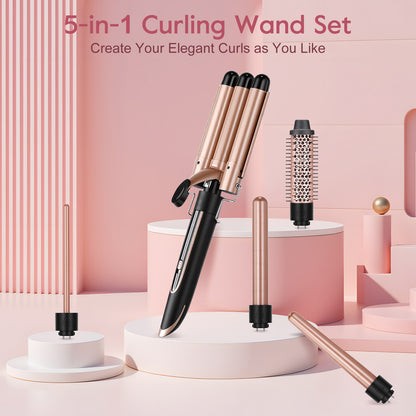 5 in 1 Curling Iron Wand LED Display Hair Wand Curler Set with 3 Barrel Hair Crimper for All Hair Type, Waver Curling Wand for Women, Rose Gold
